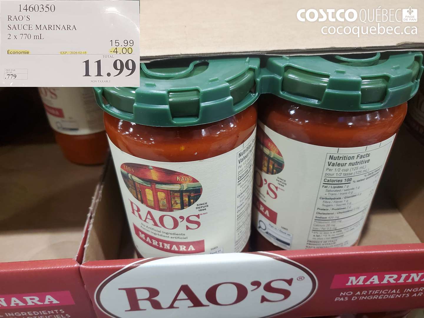 1460350 RAO'S SAUCE MARINARA 2 x 770 mL ($4.00 INSTANT SAVINGS EXPIRES ON 2026-02-15) $11.99