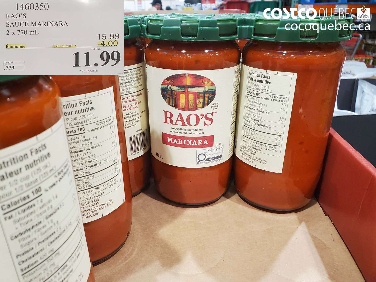 1460350 RAO'S SAUCE MARINARA 2 x 770 mL ($4.00 INSTANT SAVINGS EXPIRES ON 2026-02-15) $11.99
