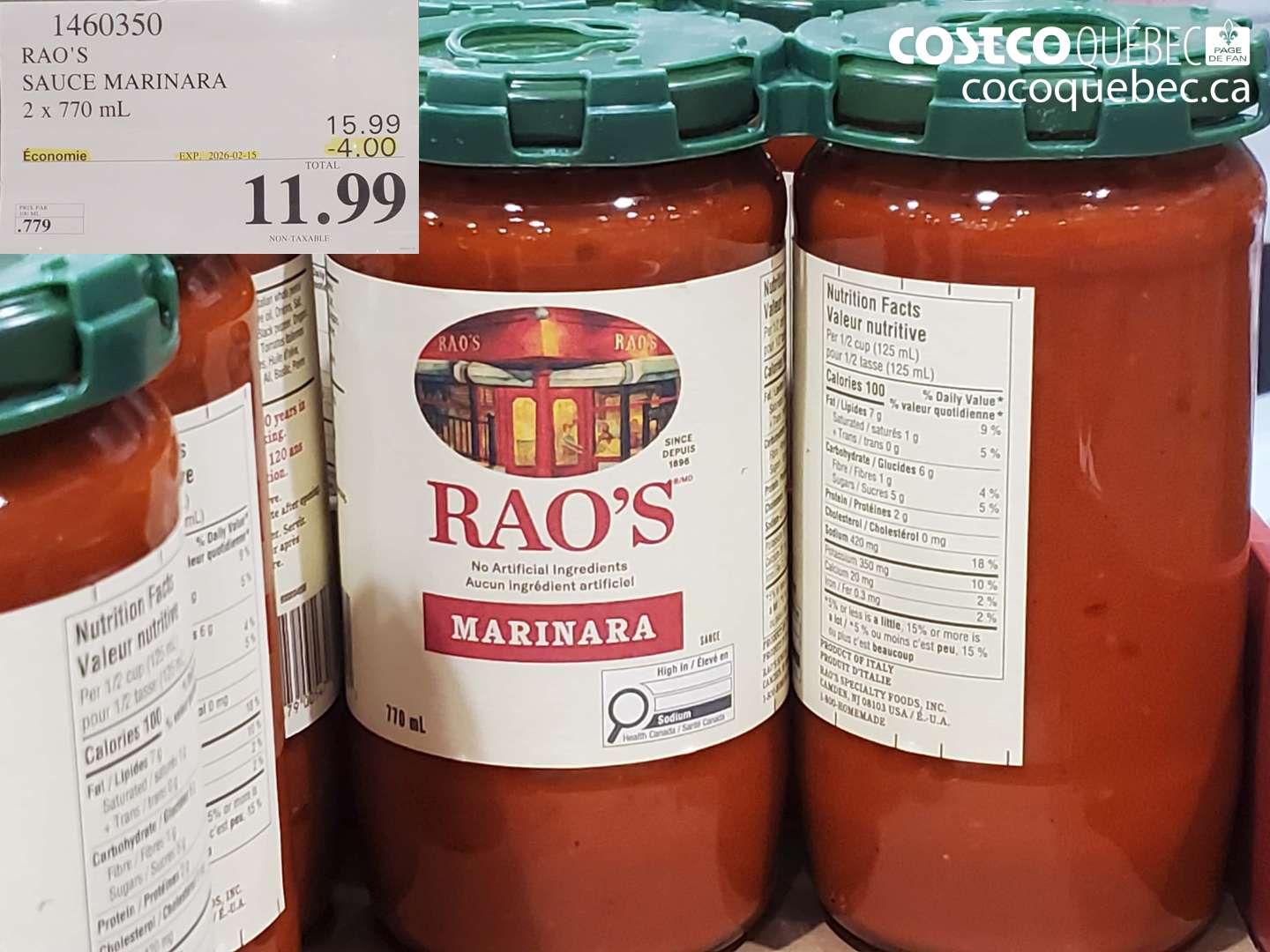 1460350 RAO'S SAUCE MARINARA 2 x 770 mL ($4.00 INSTANT SAVINGS EXPIRES ON 2026-02-15) $11.99