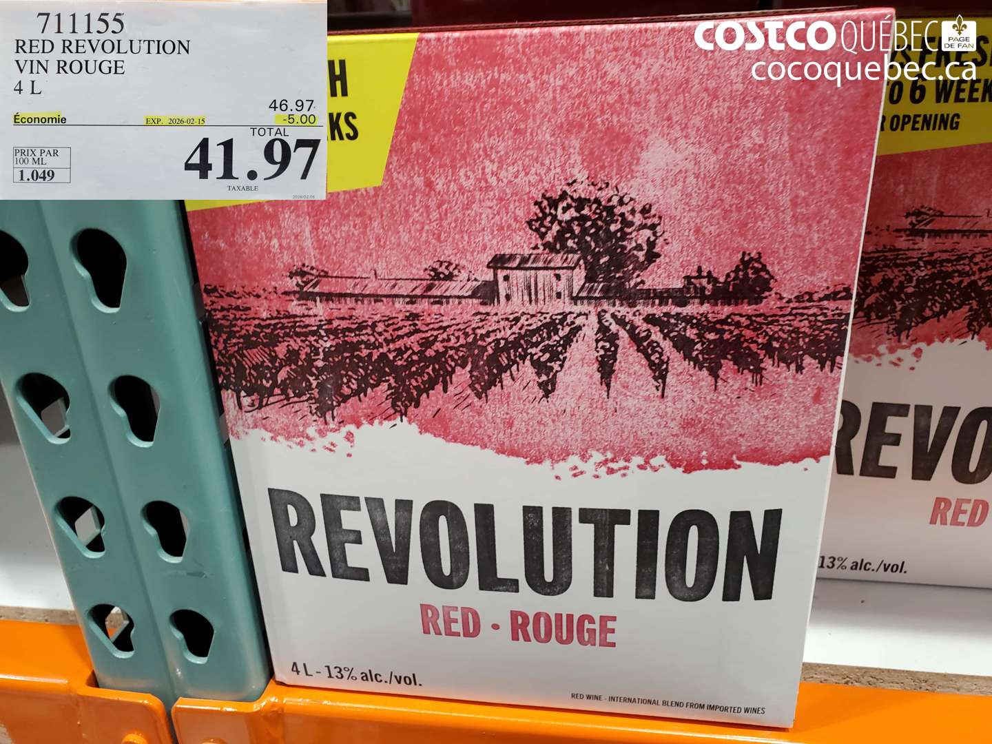 711155 RED REVOLUTION VIN ROUGE 4 L ($5.00 INSTANT SAVINGS EXPIRES ON 2026-02-15) $41.97