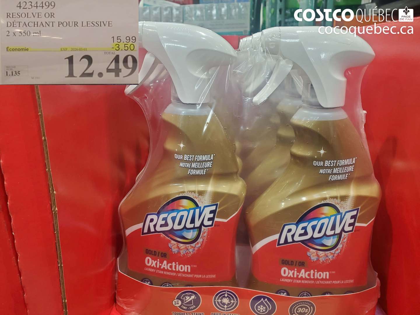 4234499 RESOLVE OR DÉTACHANT POUR LESSIVE 2 X 550 ML ($3.50 INSTANT SAVINGS EXPIRES ON 2026-03-01) $12.49