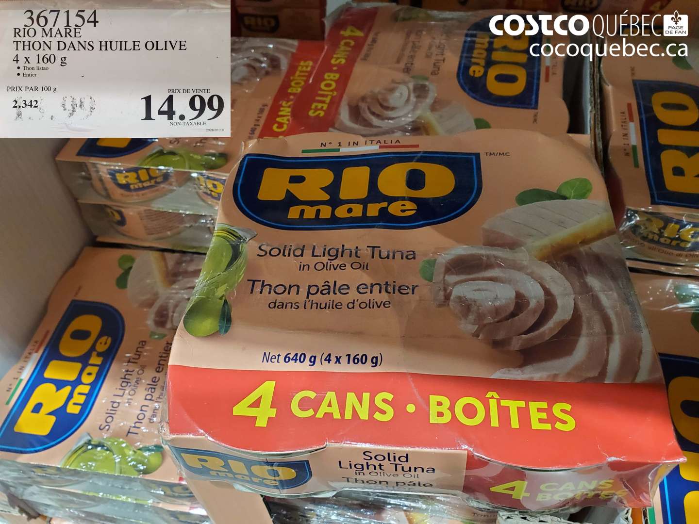 367154 RIO MARE THON DANS HUILE OLIVE 4 x 160 g $14.99