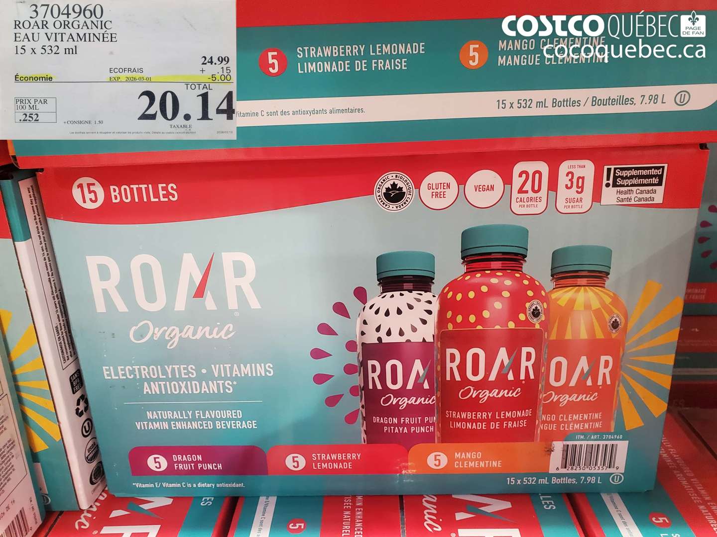 3704960 ROAR ORGANIC EAU VITAMINÉE 15 X 532 ML ($5.00 INSTANT SAVINGS EXPIRES ON 2026-03-01) $20.14