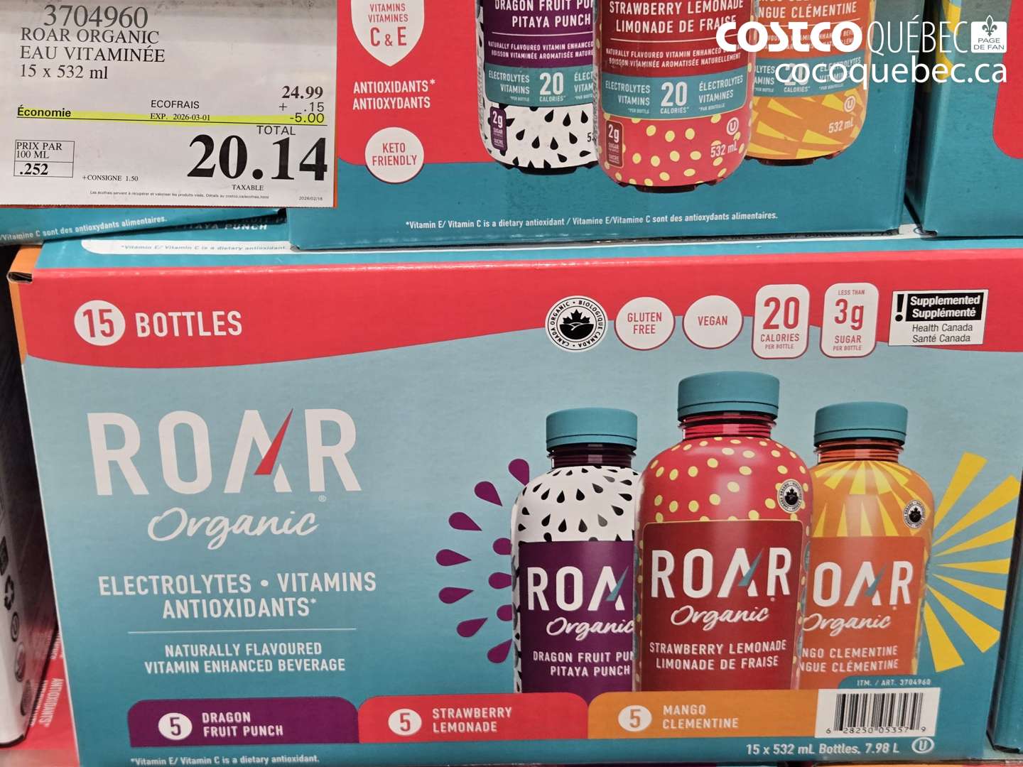 3704960 ROAR ORGANIC EAU VITAMINÉE 15 x 532 ml ($5.00 INSTANT SAVINGS EXPIRES ON 2026-03-01) $20.14