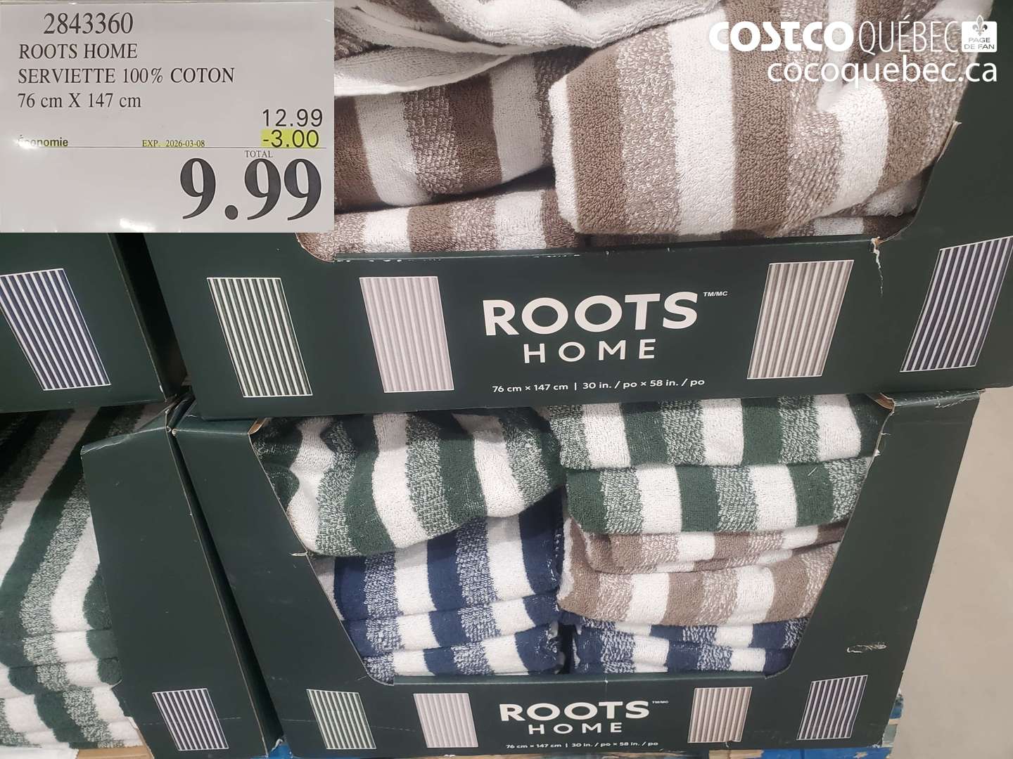 2843360 ROOTS HOME SERVIETTE 100% COTON 76 CM X 147 CM ($3.00 INSTANT SAVINGS EXPIRES ON 2026-03-08) $9.99