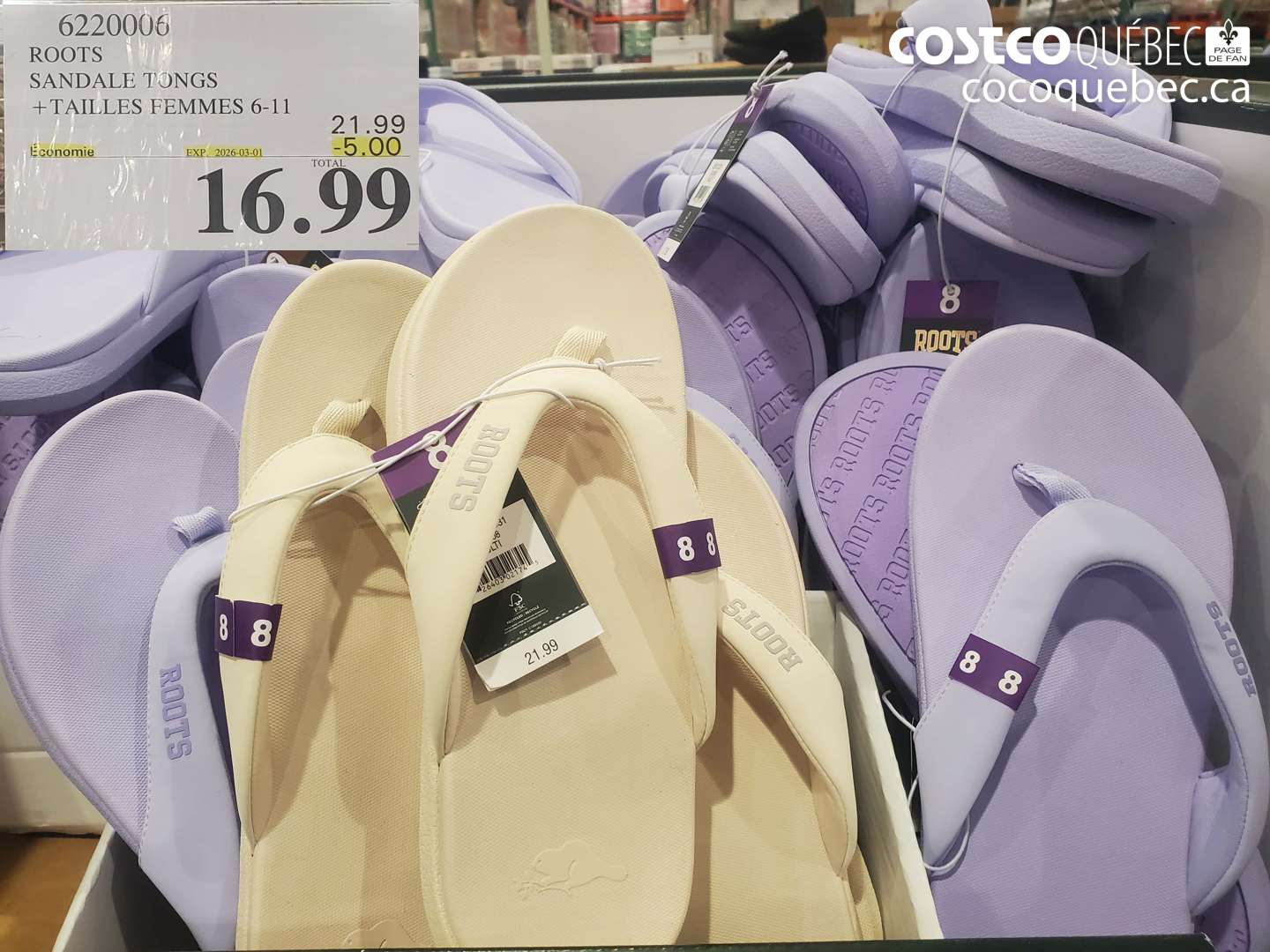 6220006 ROOTS SANDALE TONGS +TAILLES FEMMES 6-11 ($5.00 INSTANT SAVINGS EXPIRES ON 2026-03-01) $16.99