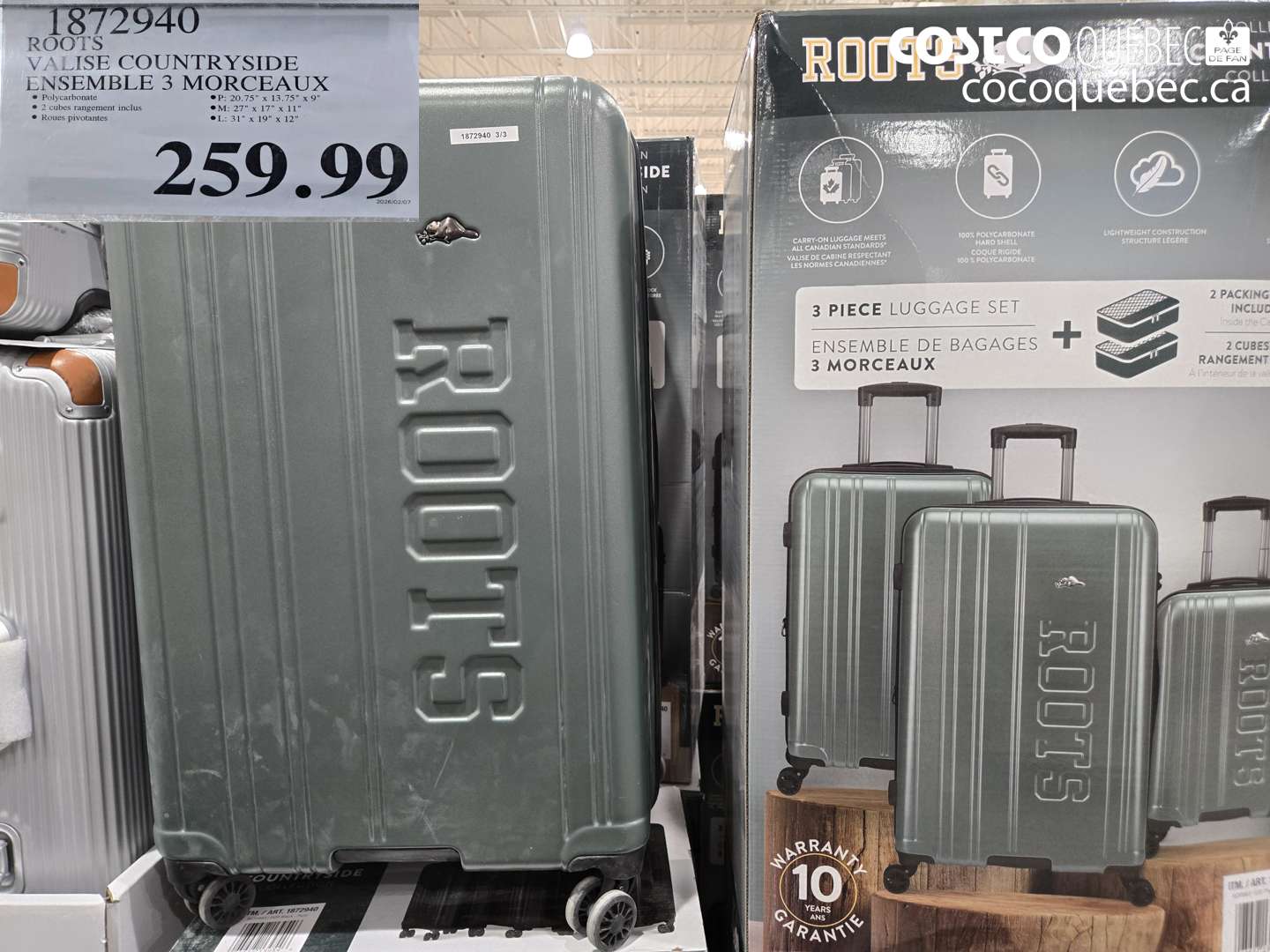 1872940 ROOTS VALISE COUNTRYSIDE ENSEMBLE 3 MORCEAUX $259.99