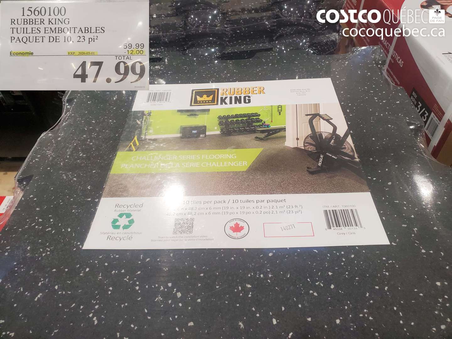1560100 RUBBER KING TUILES EMBOITABLES PAQUET DE 10, 23 PI² ($12.00 INSTANT SAVINGS EXPIRES ON 2026-03-01) $47.99