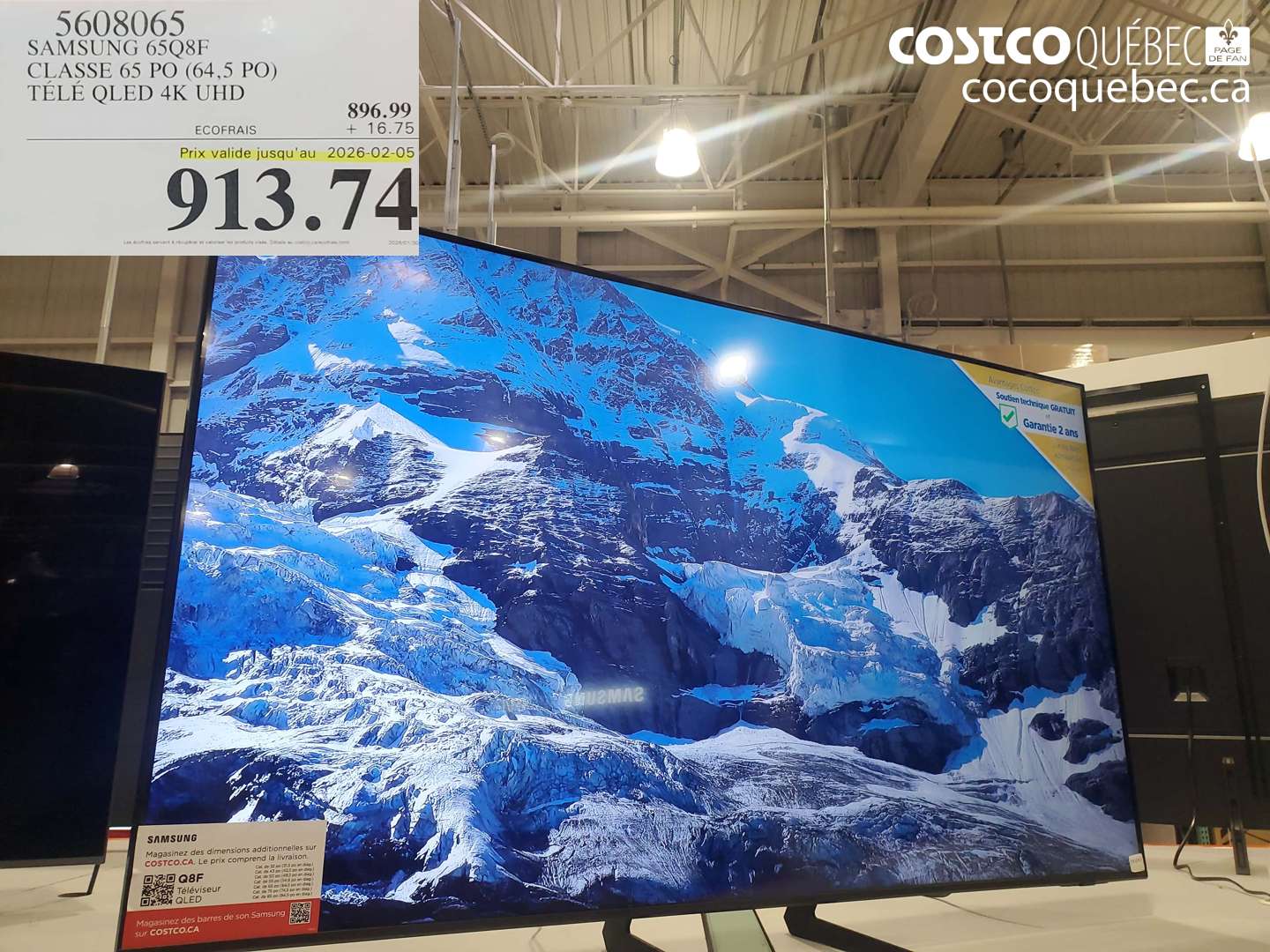 5608065 SAMSUNG 65Q8F CLASSE 65 PO (64,5 PO) TÉLÉ QLED 4K UHD (EXPIRES ON 2026-02-05) $913.74