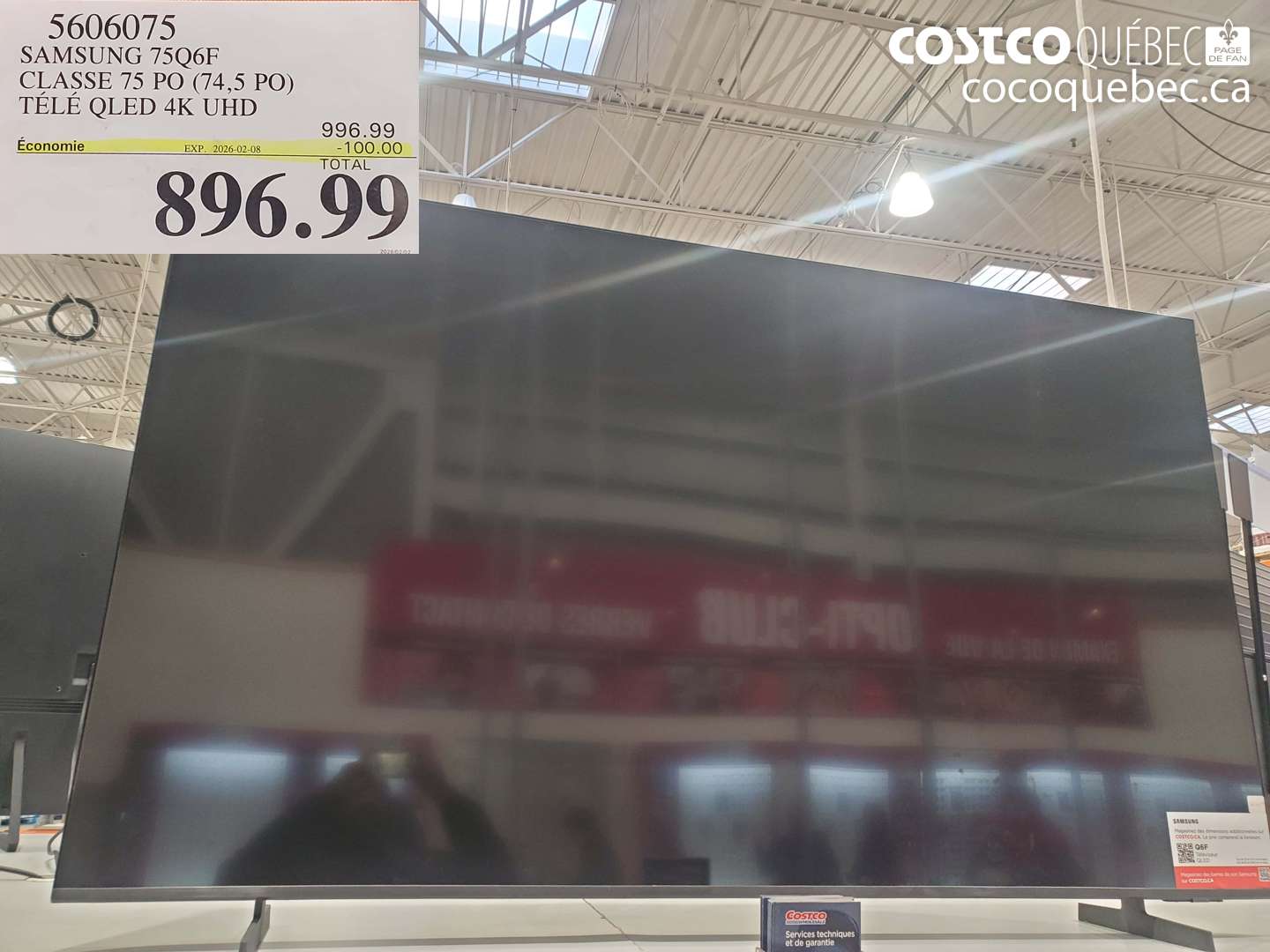 5606075 SAMSUNG 75Q6F CLASSE 75 PO (74,5 PO) TÉLÉ QLED 4K UHD ($100.00 INSTANT SAVINGS EXPIRES ON 2026-02-08) $896.99