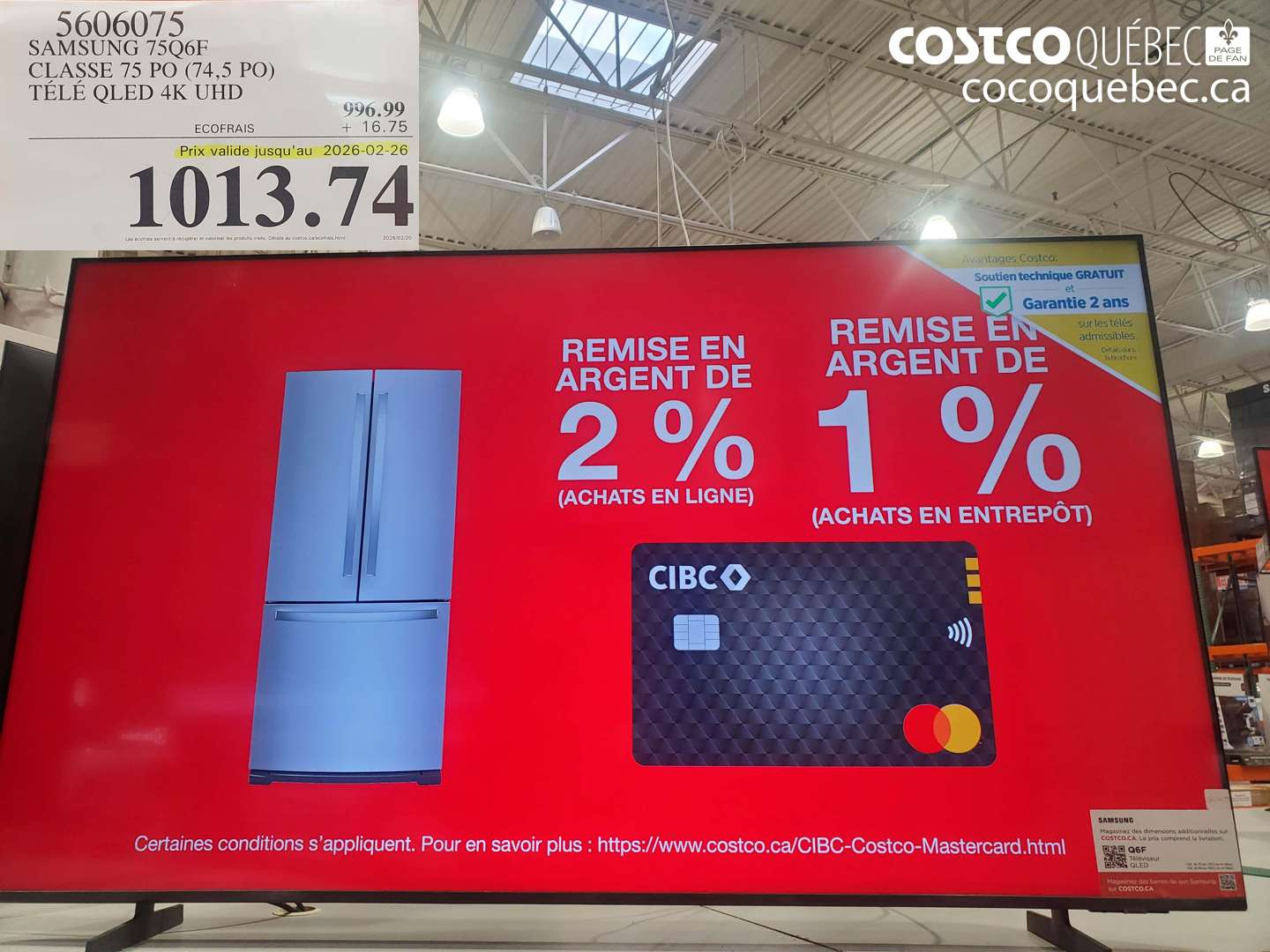 5606075 SAMSUNG 75Q6F CLASSE 75 PO (74,5 PO) TÉLÉ QLED 4K UHD (EXPIRES ON 2026-02-26) $1013.74