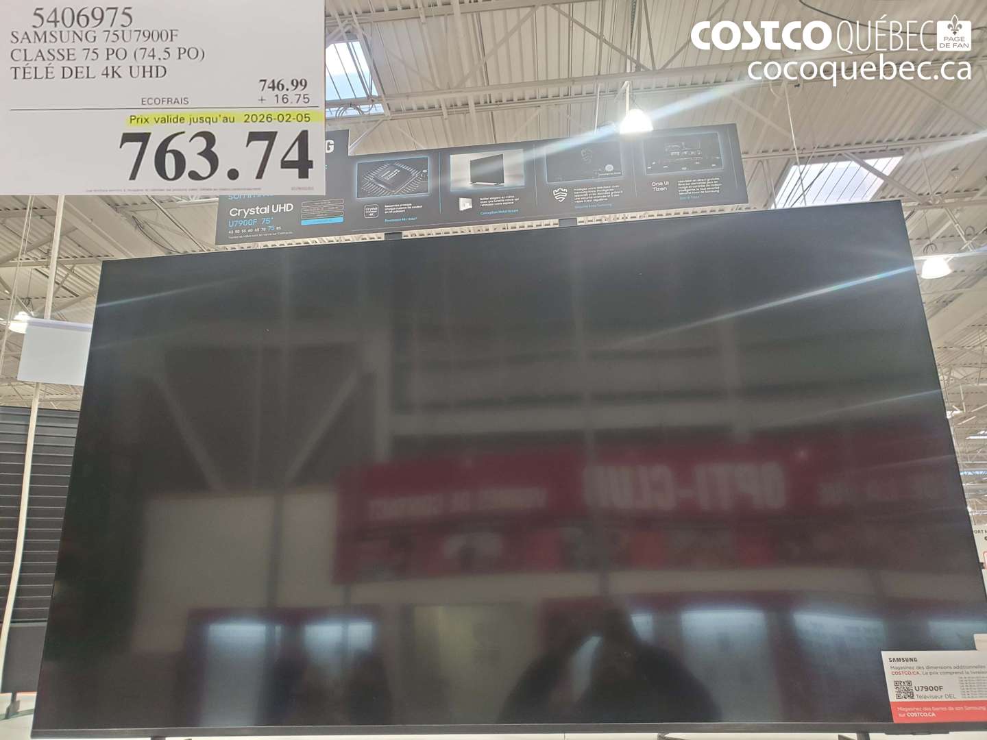 5406975 SAMSUNG 75U7900F CLASSE 75 PO (74,5 PO) TÉLÉ DEL 4K UHD (EXPIRES ON 2026-02-05) $763.74