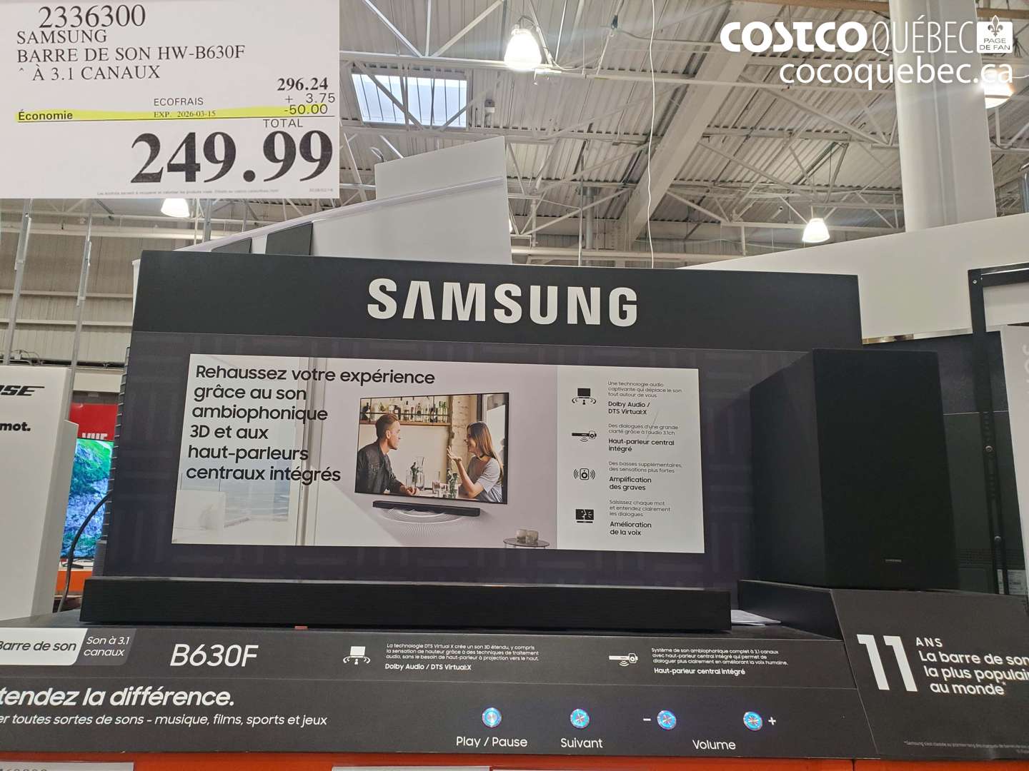 2336300 SAMSUNG BARRE DE SON HW-B630F À 3.1 CANAUX ($50.00 INSTANT SAVINGS EXPIRES ON 2026-03-15) $249.99