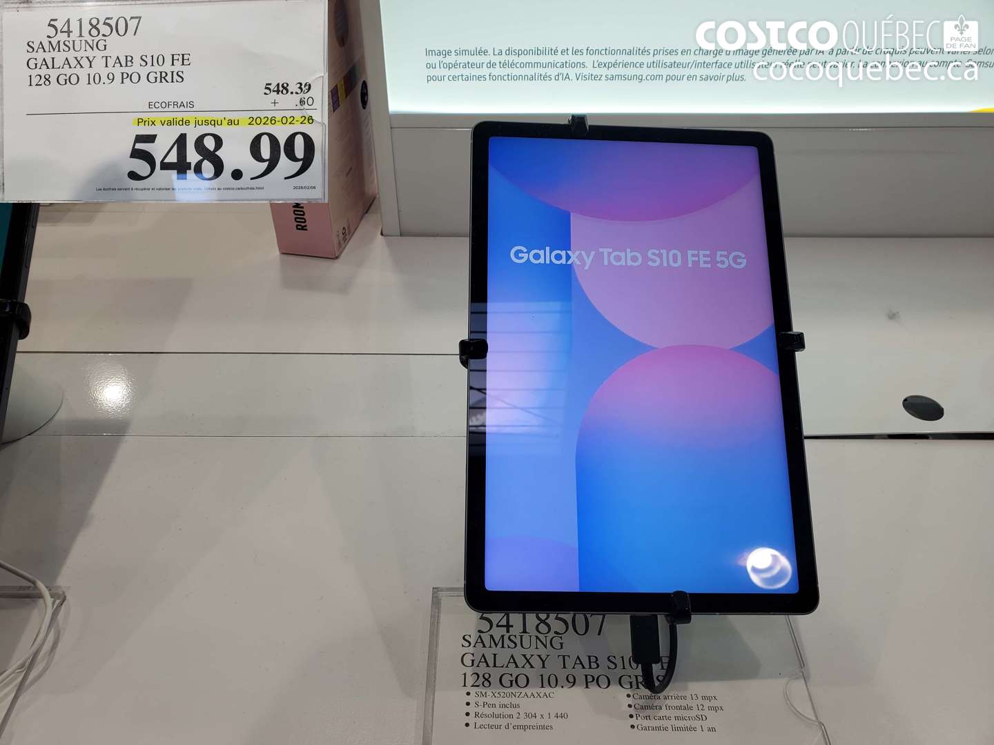 5418507 SAMSUNG GALAXY TAB S10 FE 128 GO 10.9 PO GRIS (EXPIRES ON 2026-02-26) $548.39