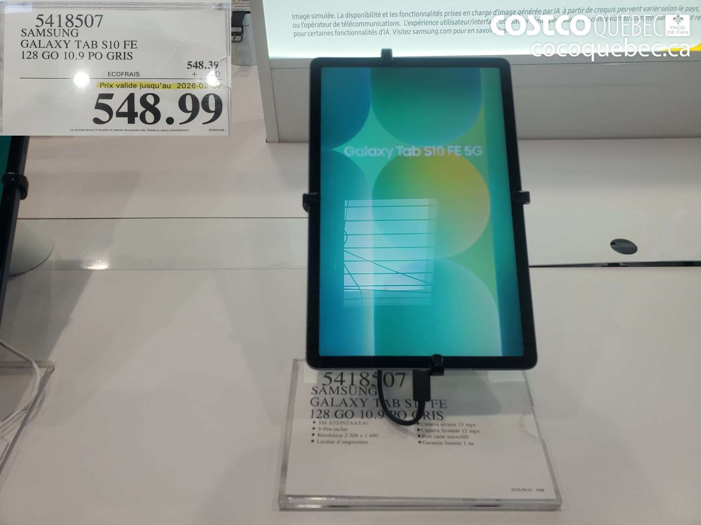 5418507 SAMSUNG GALAXY TAB S10 FE 128 GO 10.9 PO GRIS (EXPIRES ON 2026-02-26) $548.99