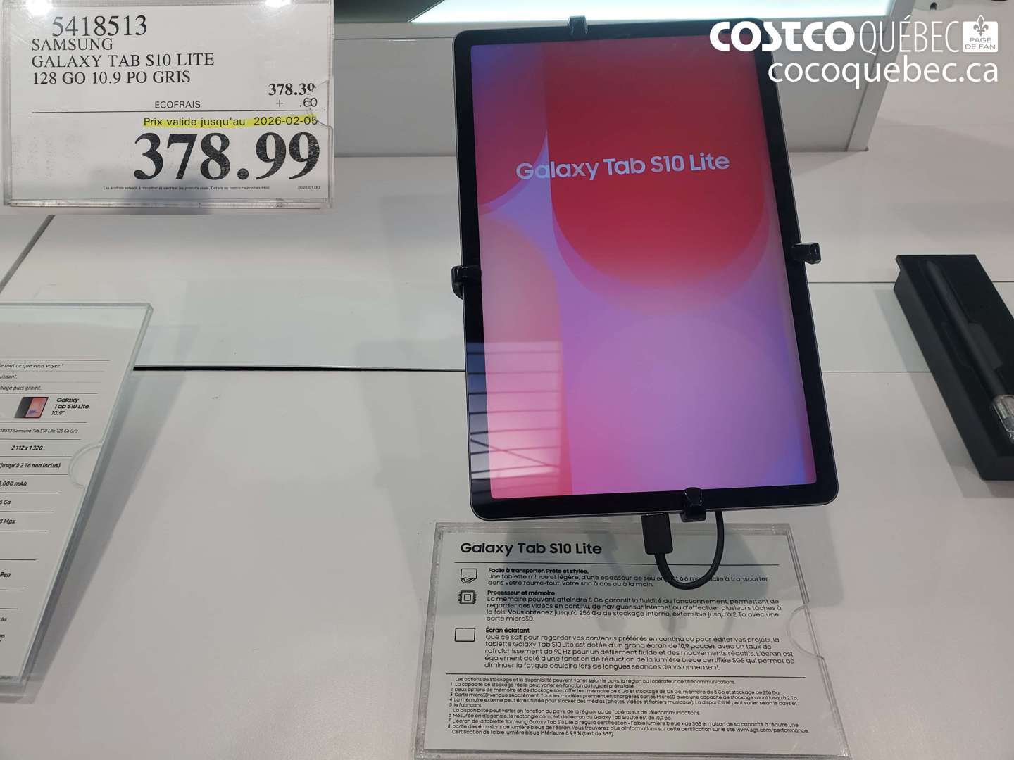 5418513 SAMSUNG GALAXY TAB S10 LITE 128 GO 10.9 PO GRIS (EXPIRES ON 2026-02-05) $378.99