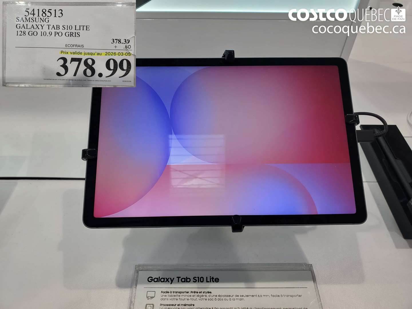 5418513 SAMSUNG GALAXY TAB S10 LITE 128 GO 10.9 PO GRIS ($0.60 INSTANT SAVINGS EXPIRES ON 2026-03-05) $378.99