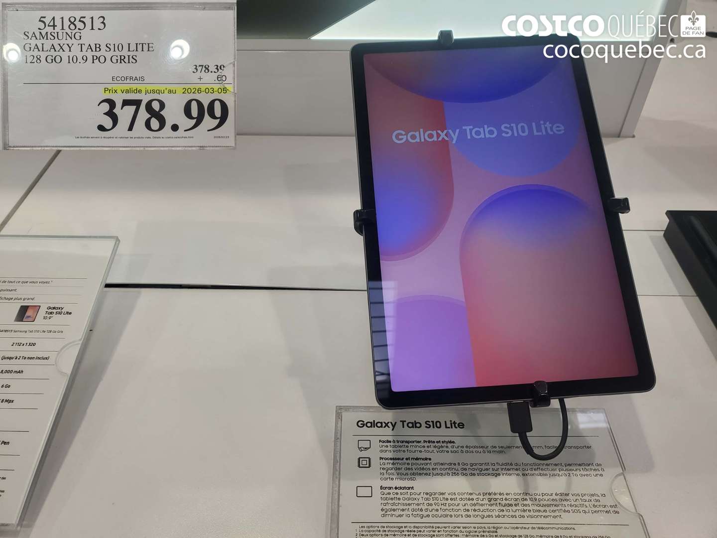 5418513 SAMSUNG GALAXY TAB S10 LITE 128 GO 10.9 PO GRIS (EXPIRES ON 2026-03-05) $378.99