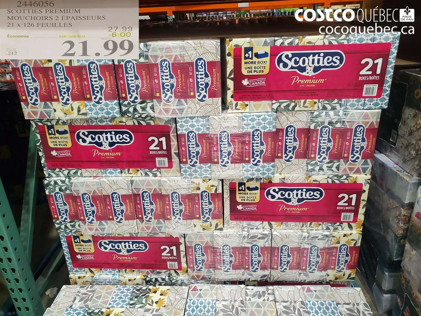 2446056 SCOTTIES PREMIUM MOUCHOIRS 2 ÉPAISSEURS 21 x 126 FEUILLES ($6.00 INSTANT SAVINGS EXPIRES ON 2026-02-15) $21.99