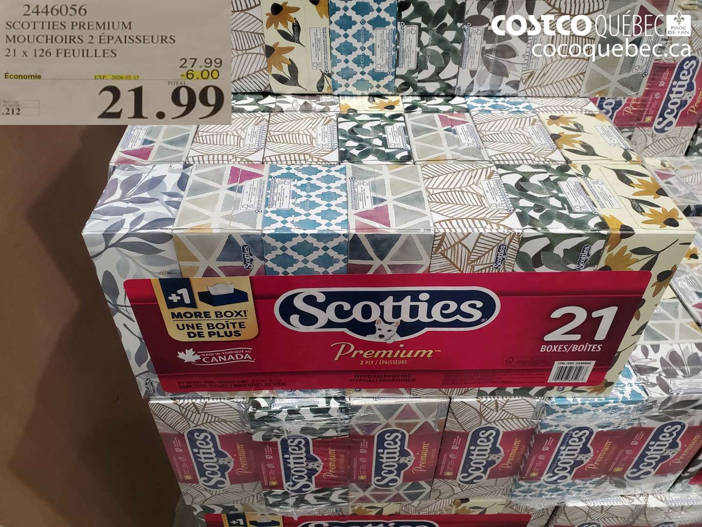 2446056 SCOTTIES PREMIUM MOUCHOIRS 2 ÉPAISSEURS 21 x 126 FEUILLES ($6.00 INSTANT SAVINGS EXPIRES ON 2026-02-15) $21.99