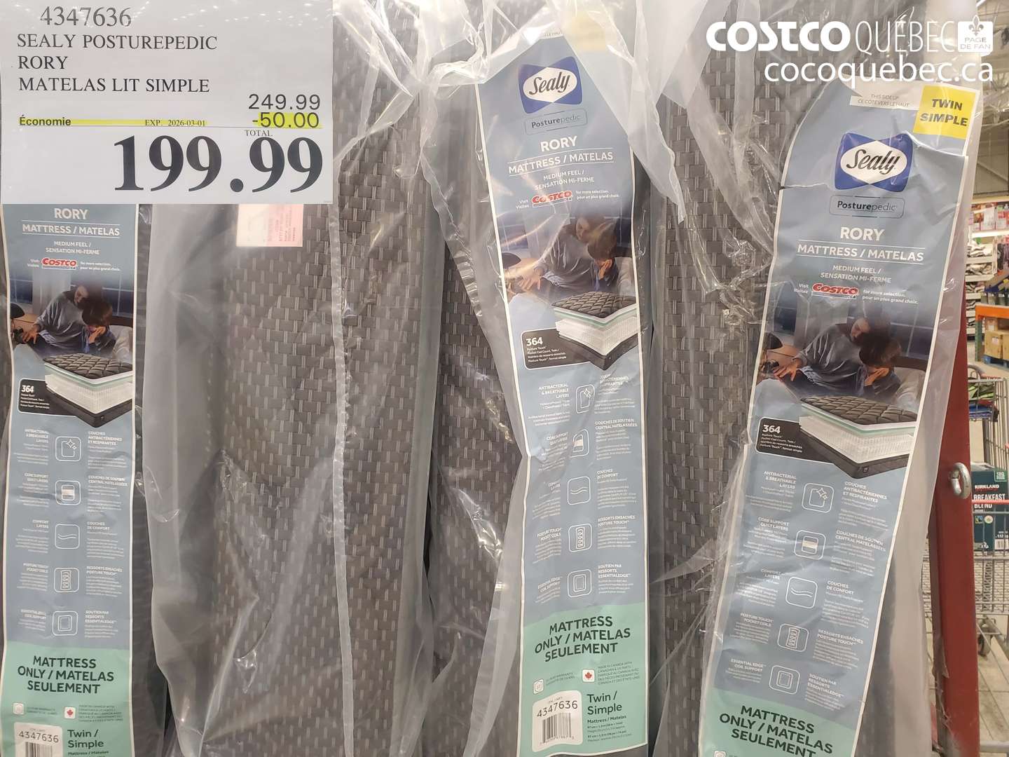 4347636 SEALY POSTUREPEDIC RORY MATELAS LIT SIMPLE ($50.00 INSTANT SAVINGS EXPIRES ON 2026-03-01) $199.99