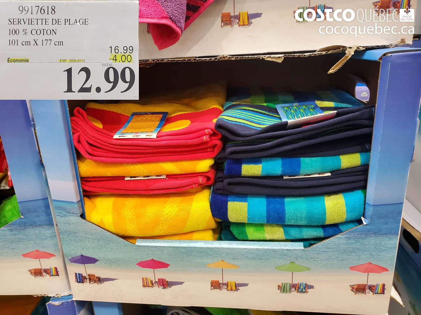 9917618 SERVIETTE DE PLAGE 100 % COTON 101 cm X 177 cm ($4.00 INSTANT SAVINGS EXPIRES ON 2026-03-01) $12.99