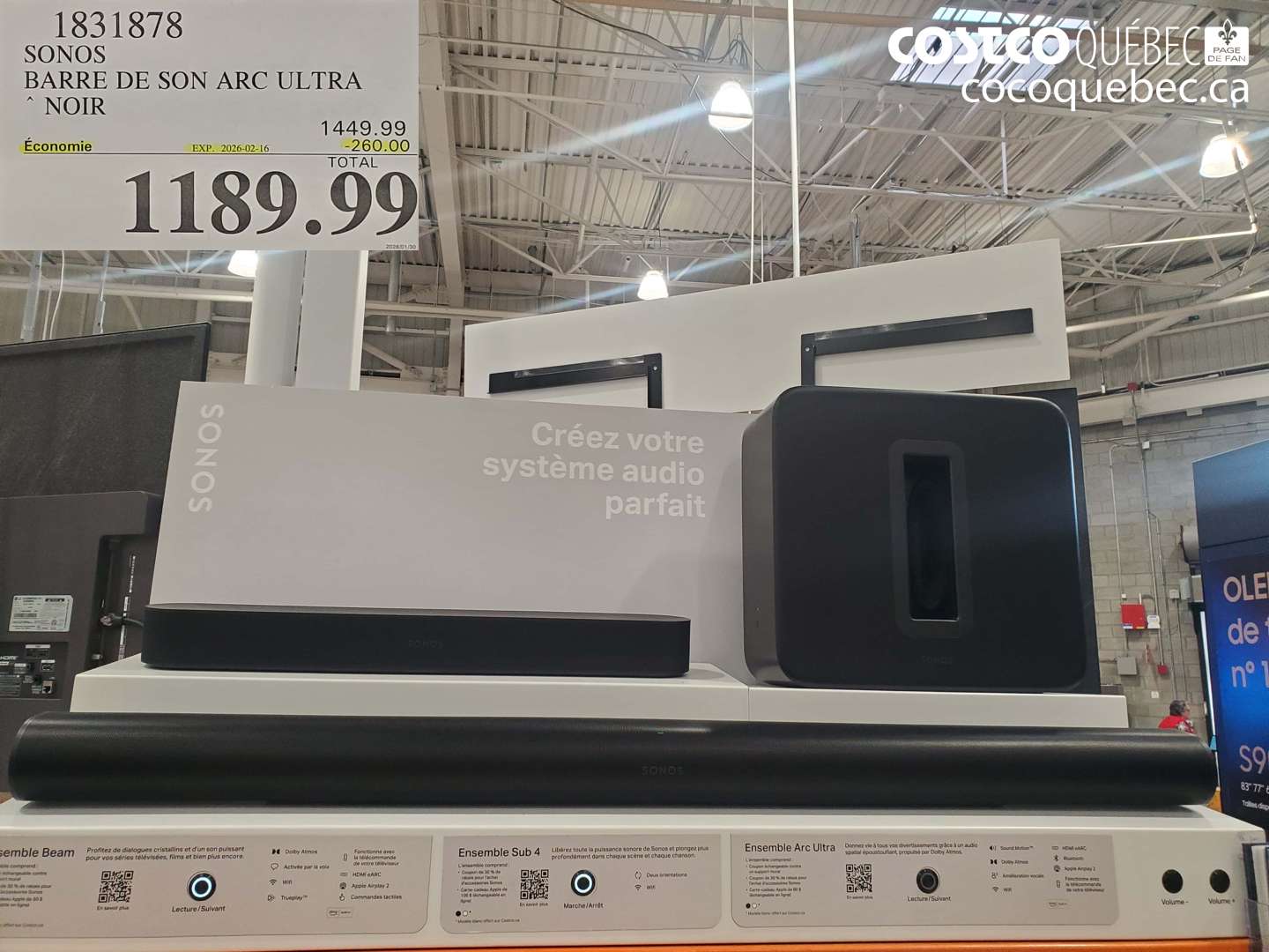 1831878 SONOS BARRE DE SON ARC ULTRA NOIR ($260.00 INSTANT SAVINGS EXPIRES ON 2026-02-16) $1189.99