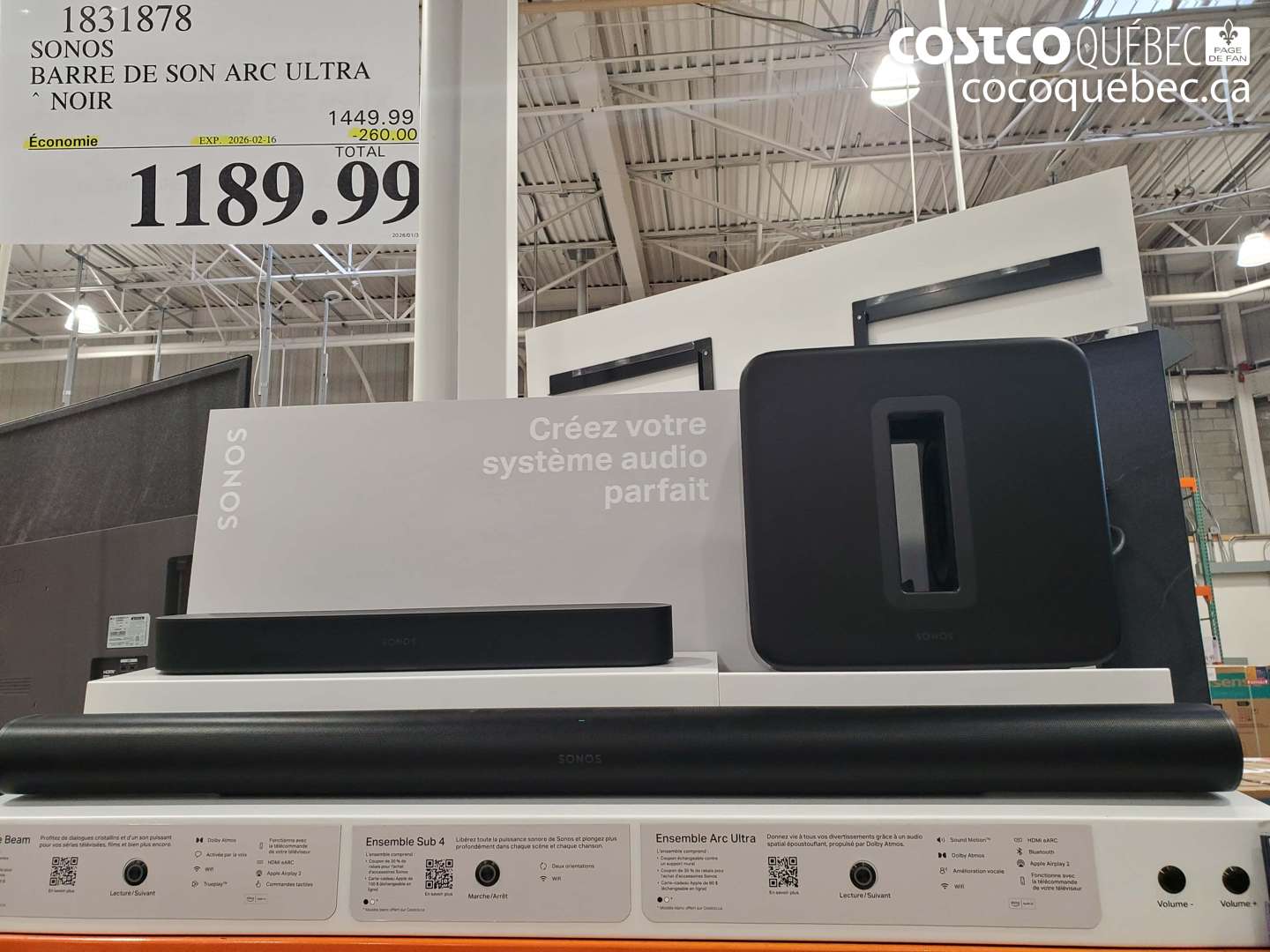 1831878 SONOS BARRE DE SON ARC ULTRA NOIR ($260.00 INSTANT SAVINGS EXPIRES ON 2026-02-16) $1189.99