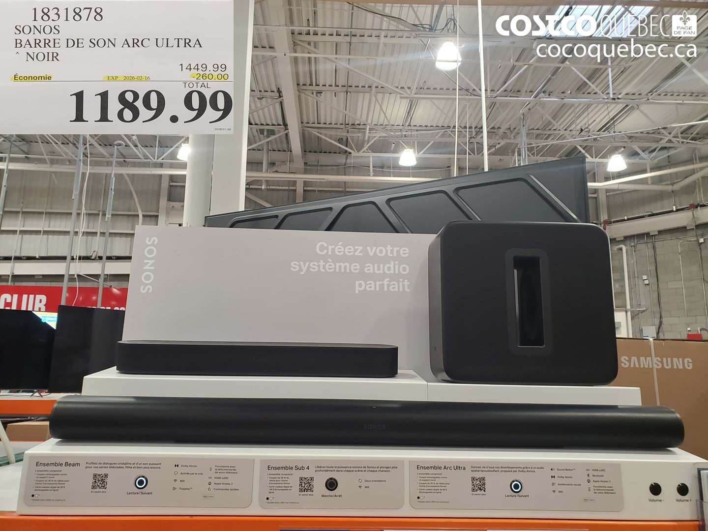 1831878 SONOS BARRE DE SON ARC ULTRA NOIR ($260.00 INSTANT SAVINGS EXPIRES ON 2026-02-16) $1189.99