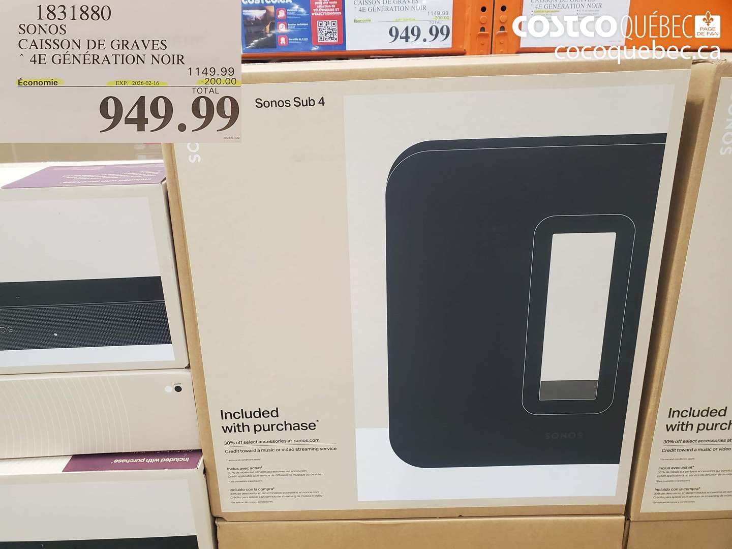 1831880 SONOS CAISSON DE GRAVES 4E GÉNÉRATION NOIR ($200.00 INSTANT SAVINGS EXPIRES ON 2026-02-16) $949.99