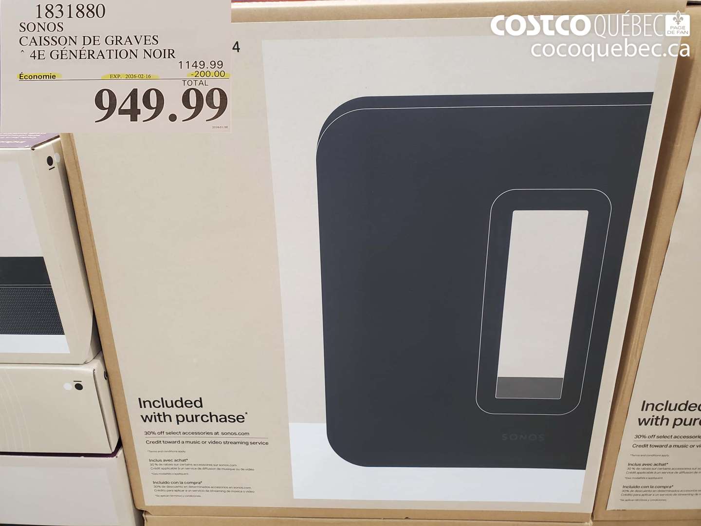 1831880 SONOS CAISSON DE GRAVES 4E GÉNÉRATION NOIR ($200.00 INSTANT SAVINGS EXPIRES ON 2026-02-16) $949.99