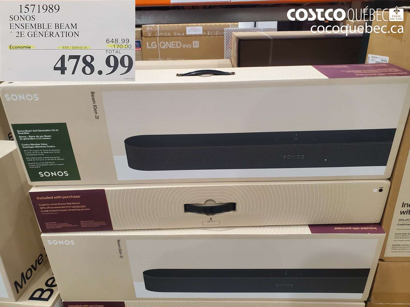 1571989 SONOS ENSEMBLE BEAM 2E GÉNÉRATION ($170.00 INSTANT SAVINGS EXPIRES ON 2026-02-16) $478.99