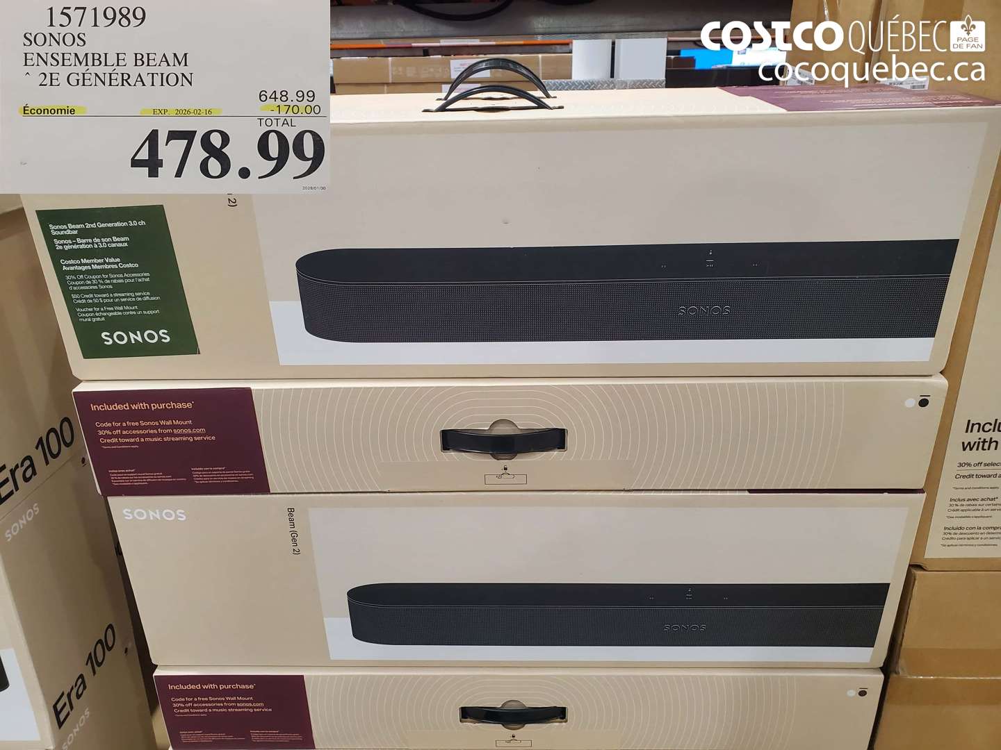 1571989 SONOS ENSEMBLE BEAM 2E GÉNÉRATION ($170.00 INSTANT SAVINGS EXPIRES ON 2026-02-16) $478.99