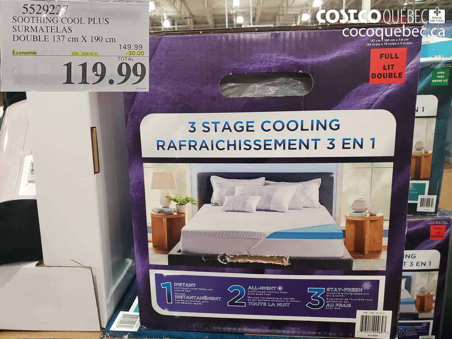 5529227 SOOTHING COOL PLUS SURMATELAS DOUBLE 137 cm X 190 cm ($30.00 INSTANT SAVINGS EXPIRES ON 2026-02-15) $119.99