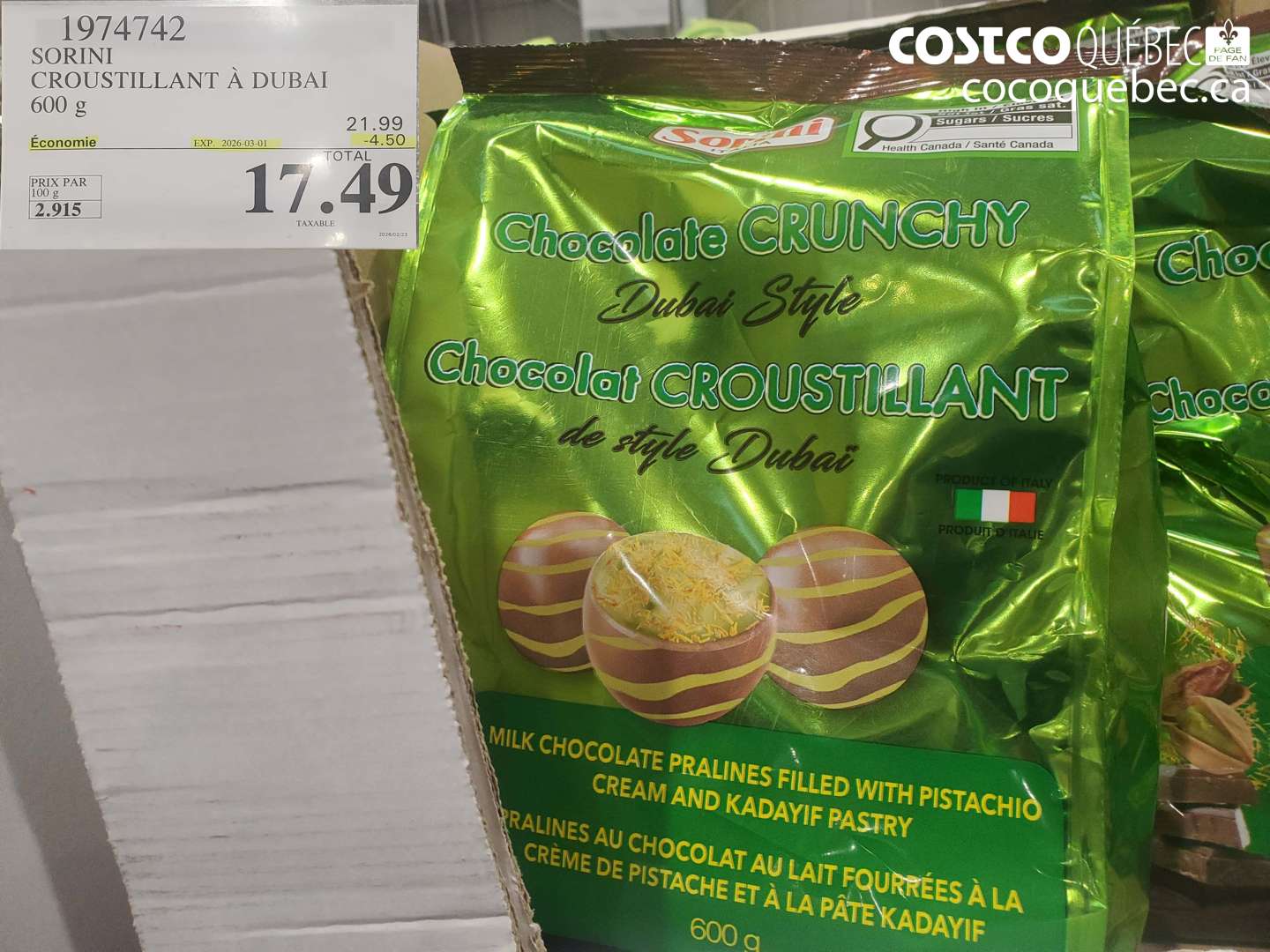 1974742 SORINI CROUSTILLANT À DUBAI 600 G ($4.50 INSTANT SAVINGS EXPIRES ON 2026-03-01) $17.49