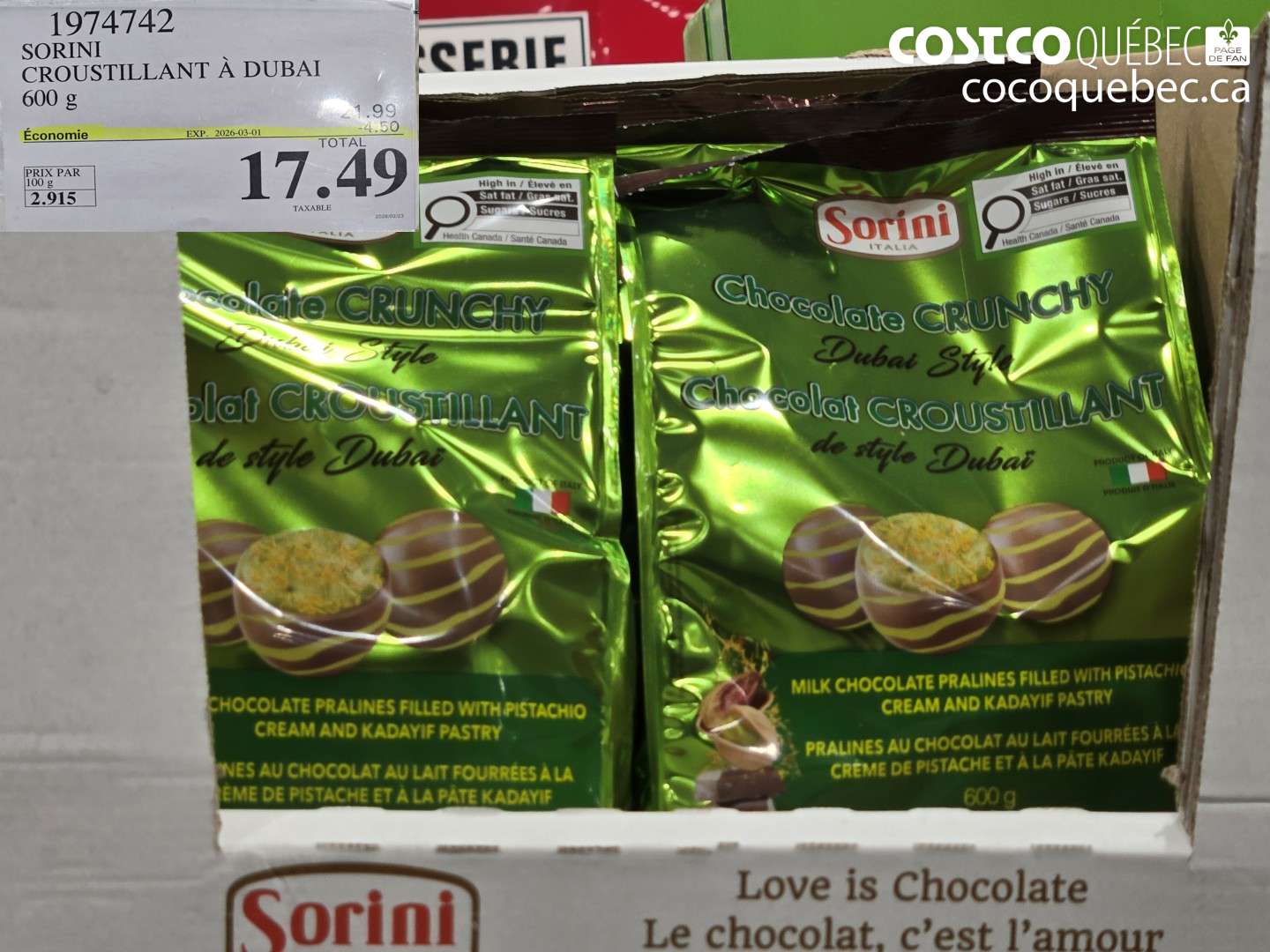 1974742 SORINI CROUSTILLANT À DUBAI 600 G ($4.50 INSTANT SAVINGS EXPIRES ON 2026-03-01) $17.49