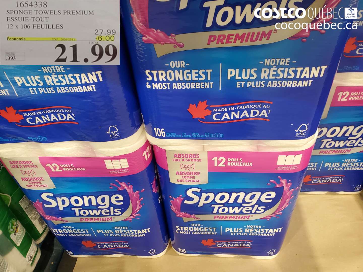 1654338 SPONGE TOWELS PREMIUM ESSUIE-TOUT 12 x 106 FEUILLES ($6.00 INSTANT SAVINGS EXPIRES ON 2026-02-11) $21.99