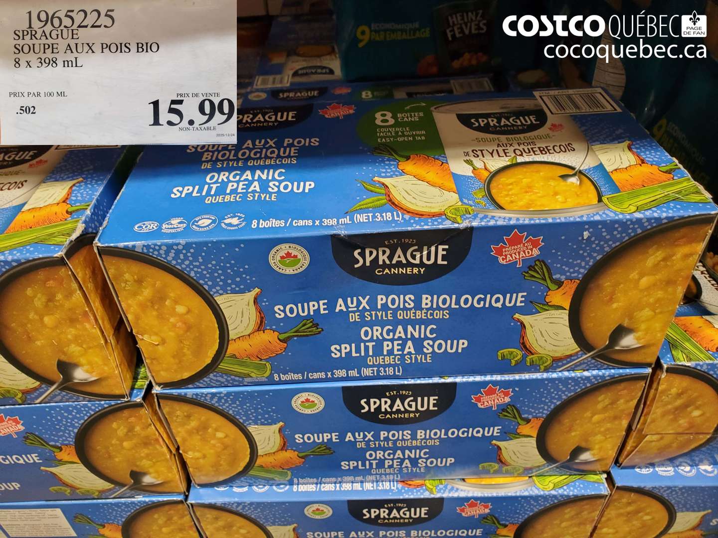 1965225 SPRAGUE SOUPE AUX POIS BIO 8 x 398 mL $15.99