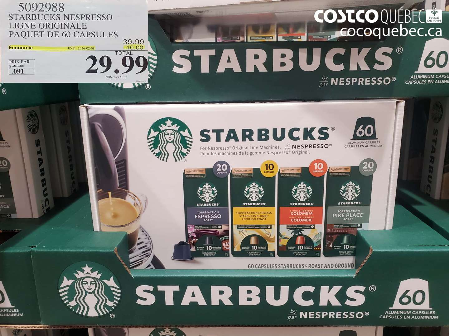 5092988 STARBUCKS NESPRESSO LIGNE ORIGINALE PAQUET DE 60 CAPSULES ($10.00 INSTANT SAVINGS EXPIRES ON 2026-02-08) $29.99