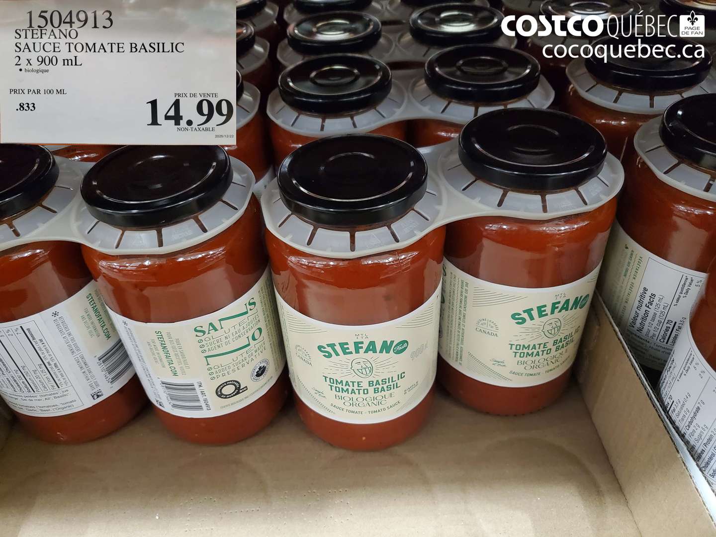 1504913 STEFANO SAUCE TOMATE BASILIC 2 x 900 ml • biologique $14.99