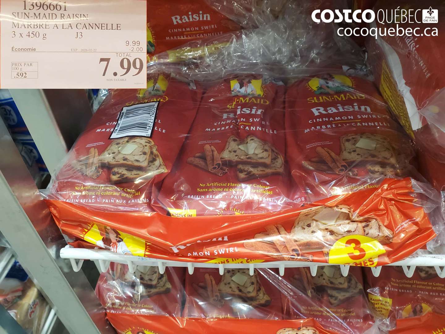 1396661 SUN-MAID RAISIN MARBRE A LA CANNELLE 3 x 450 g ($2.00 INSTANT SAVINGS EXPIRES ON 2026-02-22) $7.99