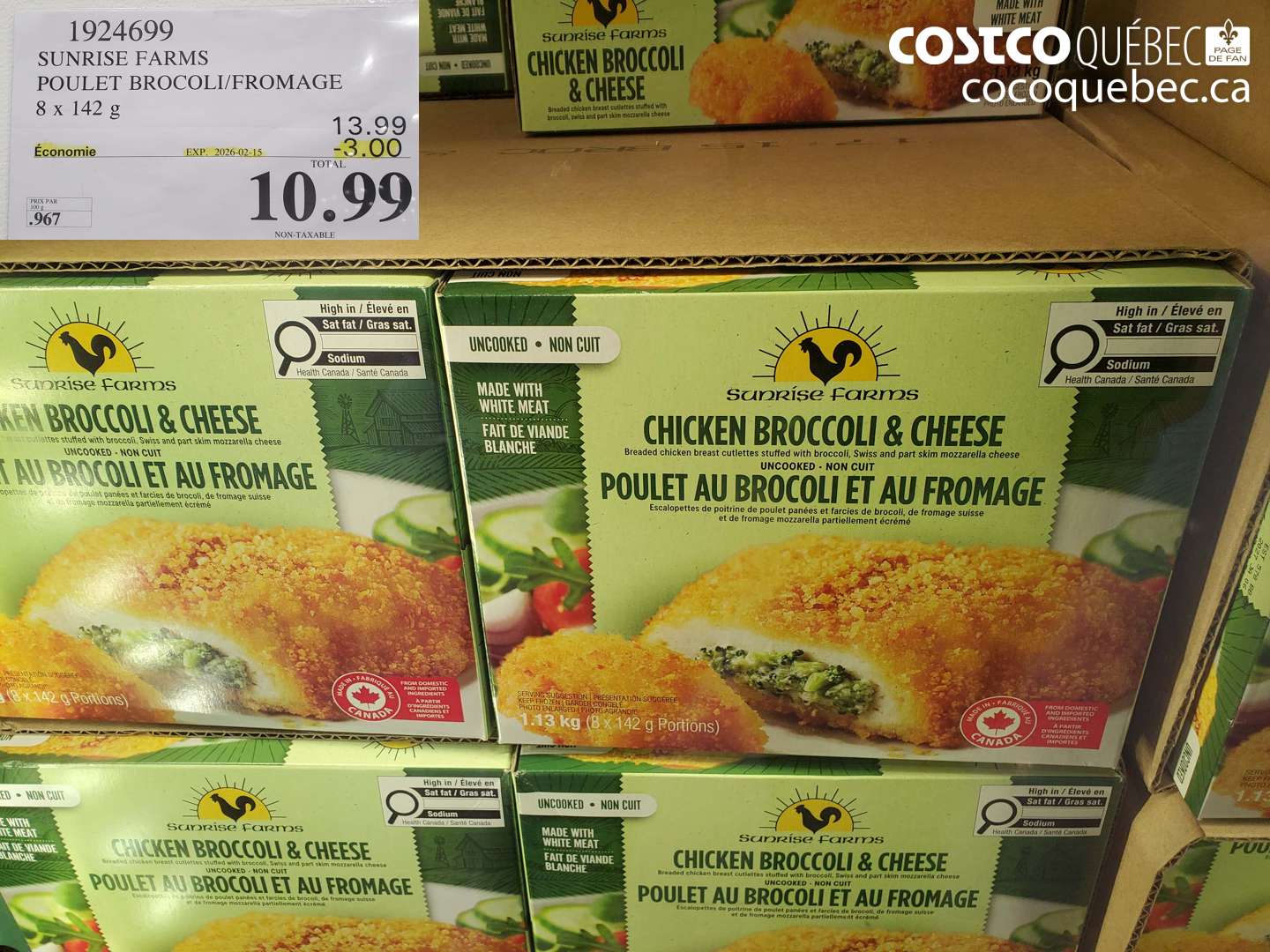 1924699 SUNRISE FARMS POULET BROCOLI/FROMAGE 8 x 142 g ($3.00 INSTANT SAVINGS EXPIRES ON 2026-02-15) $10.99