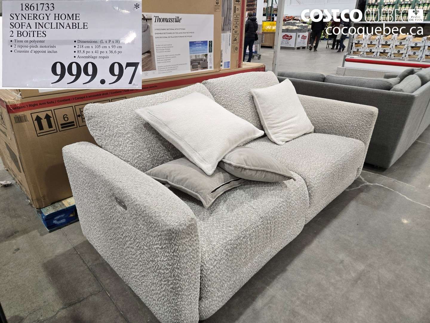 1861733 SYNERGY HOME SOFA INCLINABLE 2 BOITES $999.97