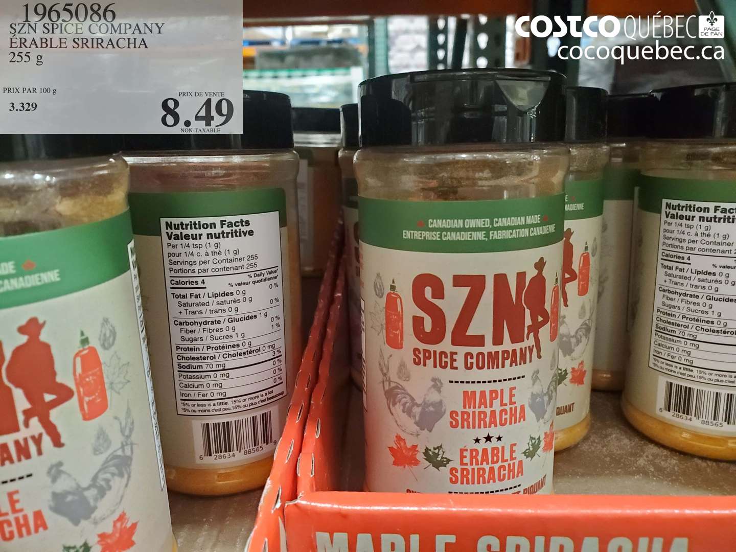 1965086 SZN SPICE COMPANY ÉRABLE SRIRACHA 255 g $8.49