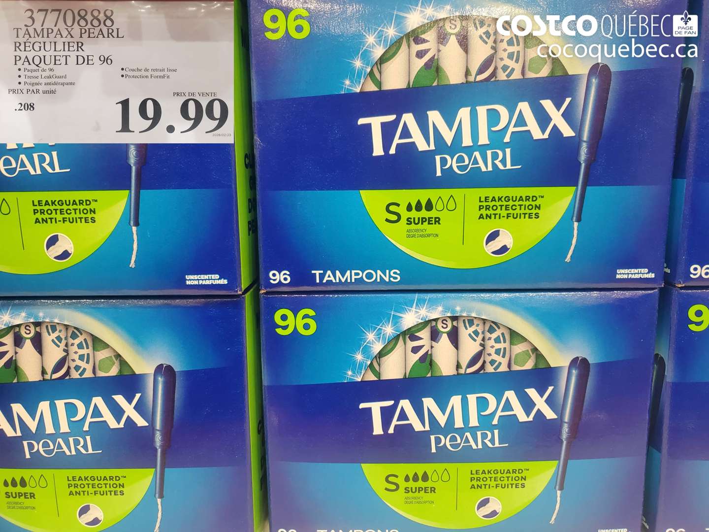 3770888 TAMPAX PEARL REGULIER PAQUET DE 96 $19.99