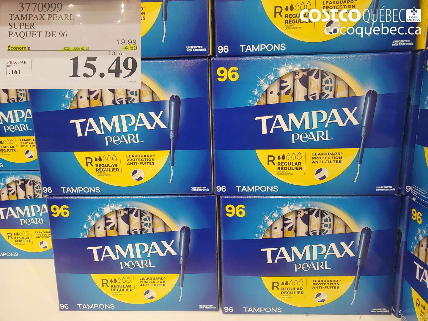 3770999 TAMPAX PEARL SUPER PAQUET DE 96 ($4.50 INSTANT SAVINGS EXPIRES ON 2026-02-22) $15.49