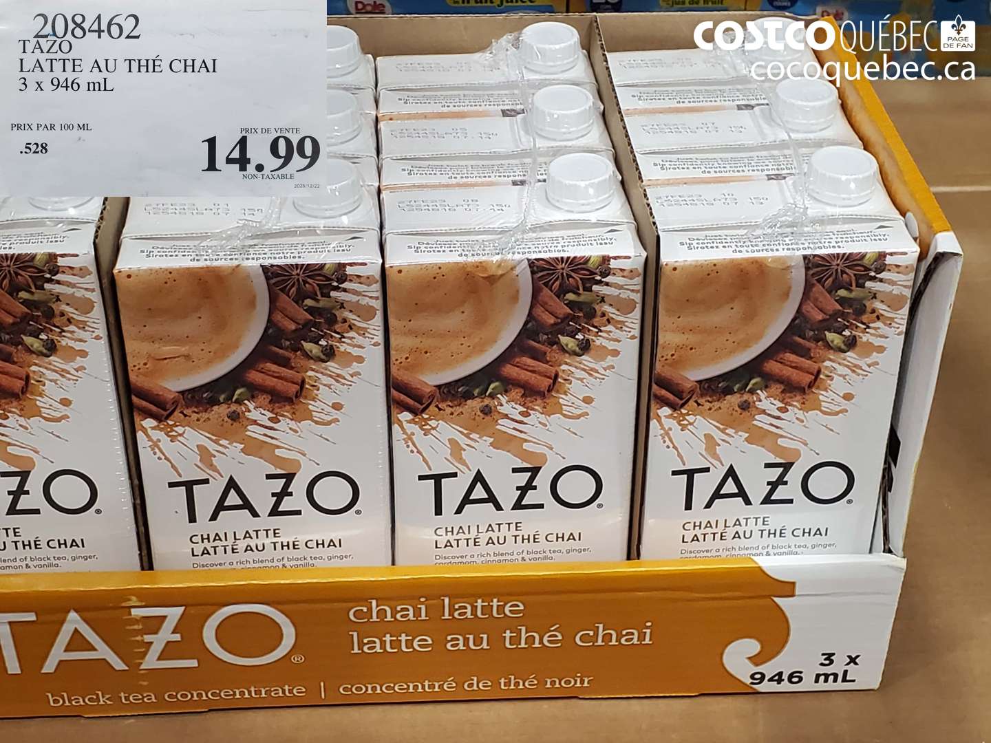 208462 TAZO LATTE AU THÉ CHAI 3 x 946 mL $14.99