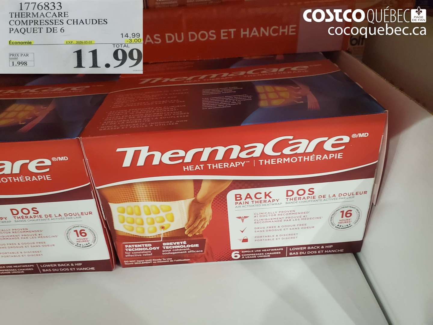 1776833 THERMACARE COMPRESSES CHAUDES PAQUET DE 6 ($3.00 INSTANT SAVINGS EXPIRES ON 2026-03-01) $11.99