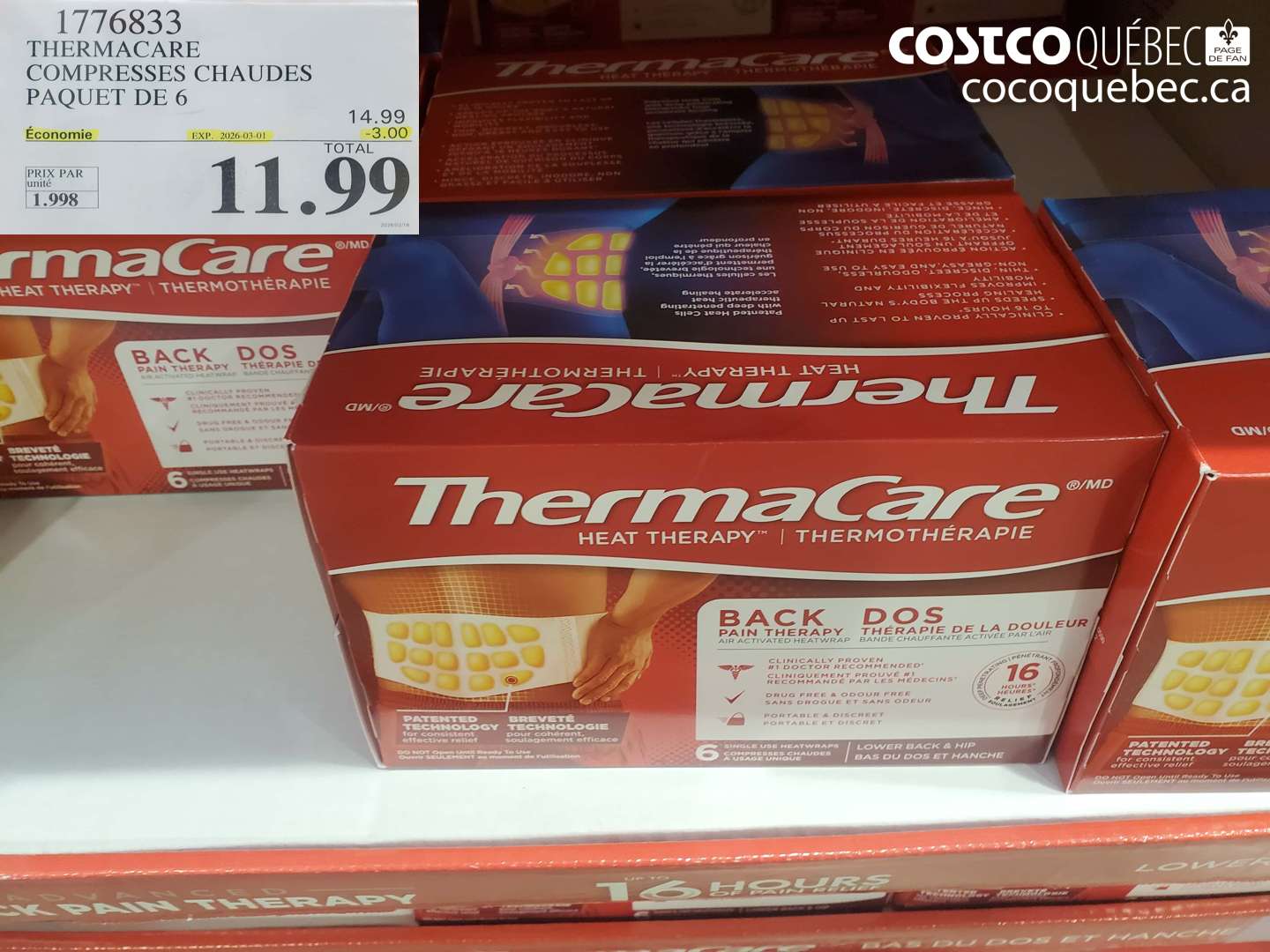 1776833 THERMACARE COMPRESSES CHAUDES PAQUET DE 6 ($3.00 INSTANT SAVINGS EXPIRES ON 2026-03-01) $11.99