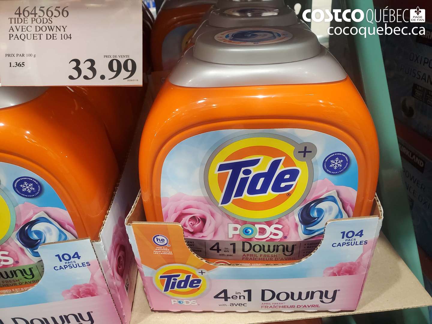 4645656 TIDE PODS AVEC DOWNY PAQUET DE 104 $33.99